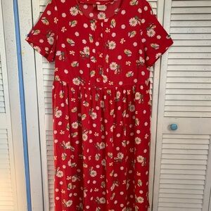 Blair Red Floral Midi Dress Half Button With Pockets